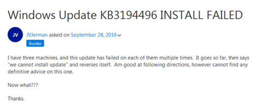 Win10累积更新补丁KB3194496安装失败怎么办？