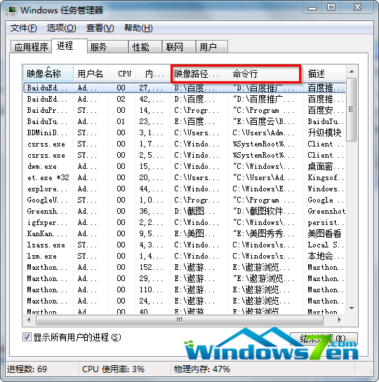 显示映像路径名称和命令行